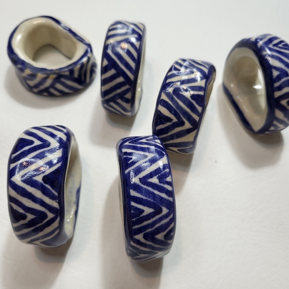 Blue and White Ceramic Napkin Rings Set Of 6 - Picture 3 of 4